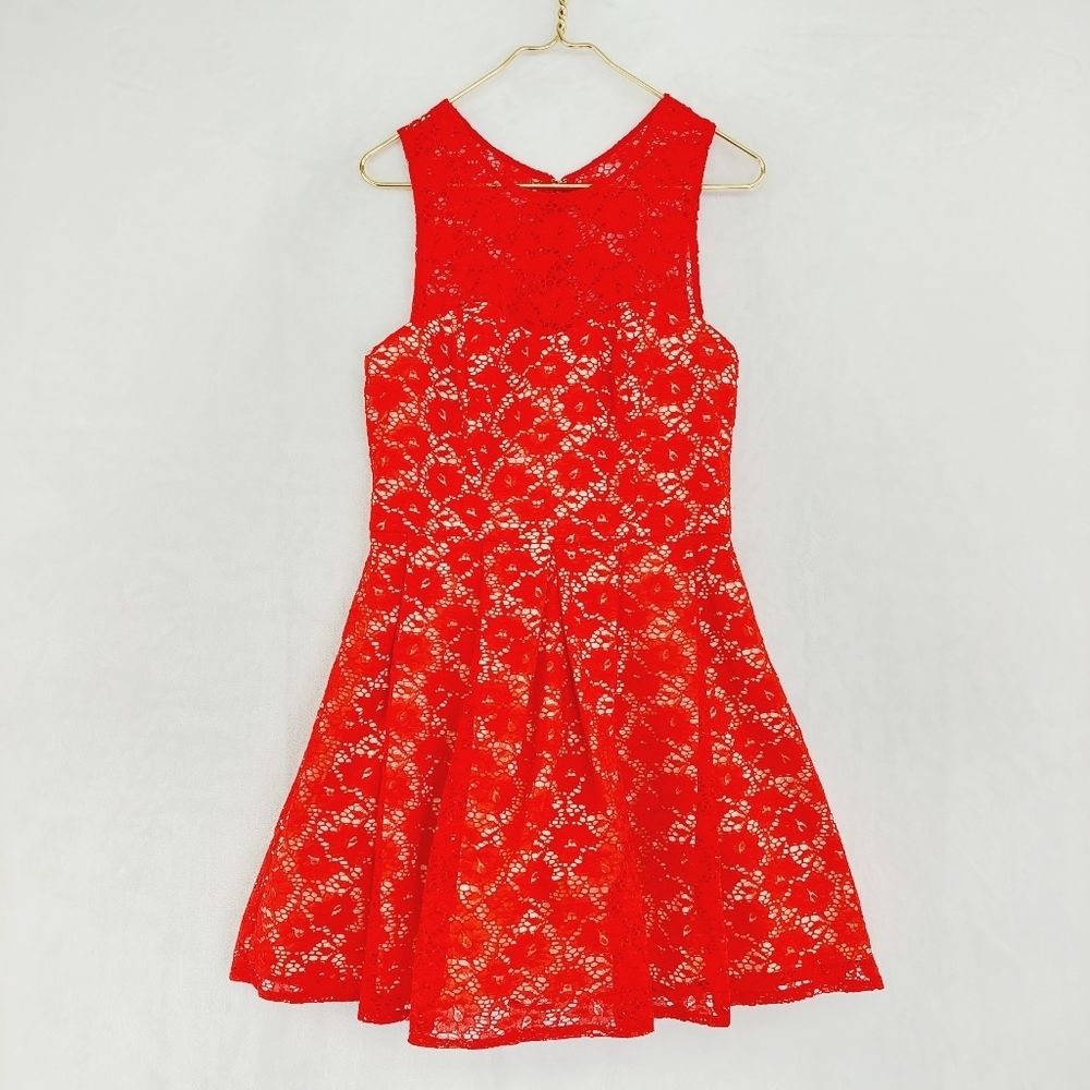 Xscape by Joanna Chen Red Lace Midi Cocktail Party Prom Dress P100